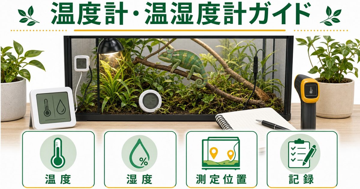 爬虫類用温度計・温湿度計完全ガイド！種類別の選び方・おすすめ商品・正確な測定方法を徹底解説の要点を伝えるカメレオン・爬虫類記事アイキャッチ画像