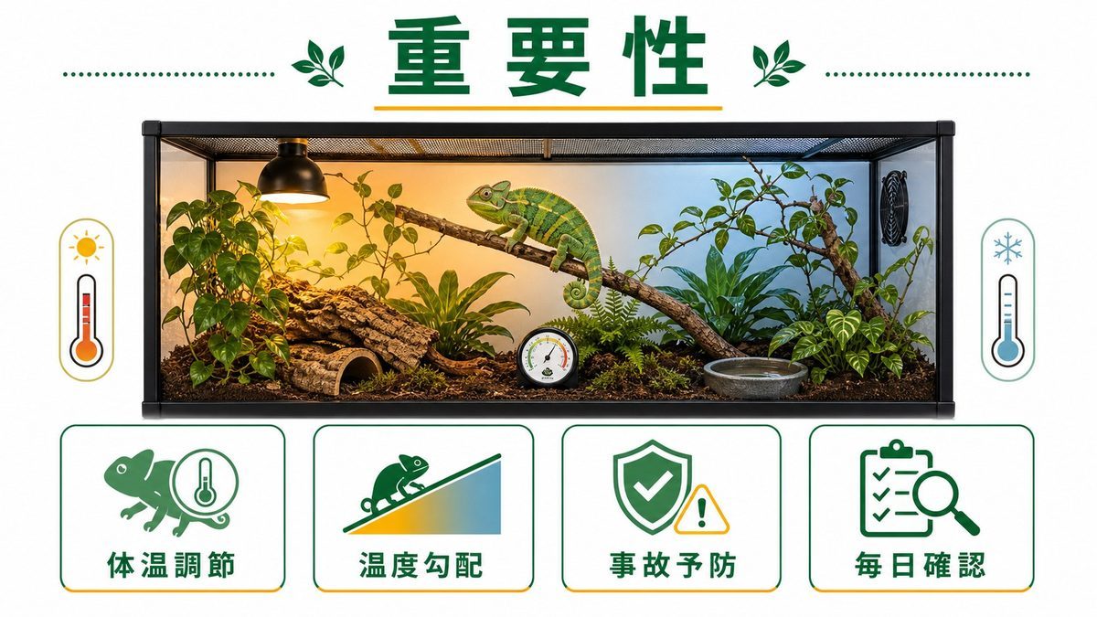 爬虫類飼育で温度計が重要な理由の要点をまとめたカメレオン・爬虫類飼育インフォグラフィック