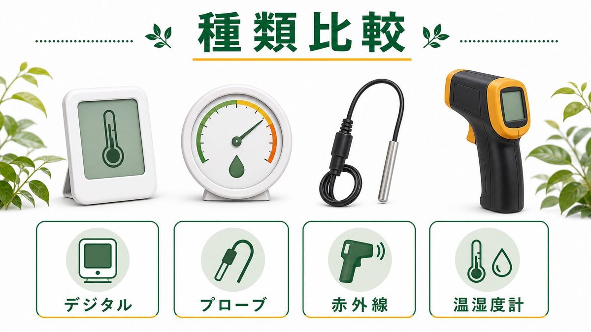 温度計・温湿度計の種類比較テーブルの要点をまとめたカメレオン・爬虫類飼育インフォグラフィック