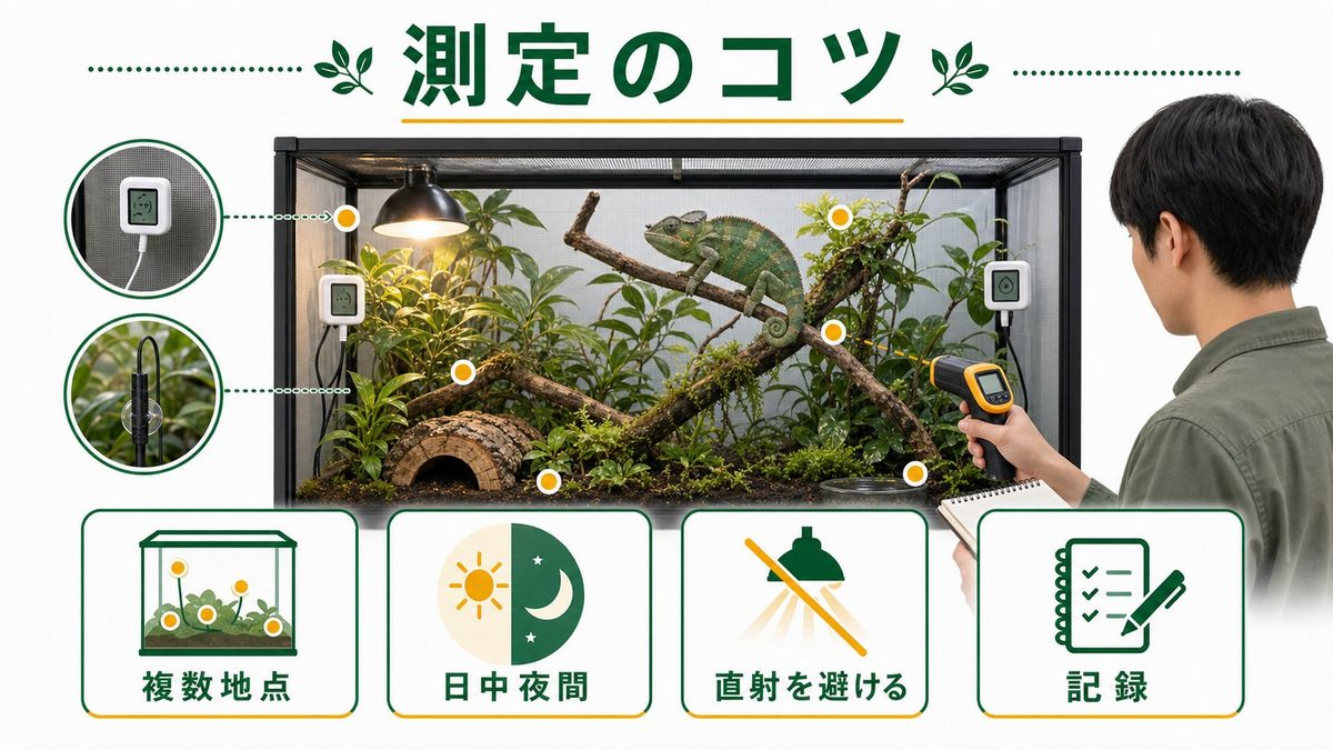 正確な温度測定のコツの要点をまとめたカメレオン・爬虫類飼育インフォグラフィック