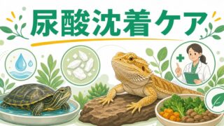 爬虫類の尿酸沈着症完全ガイド！痛風と異なる関節・臓器への尿酸沈着の原因・治療・予防を徹底解説の要点を伝えるカメレオン・爬虫類記事アイキャッチ画像