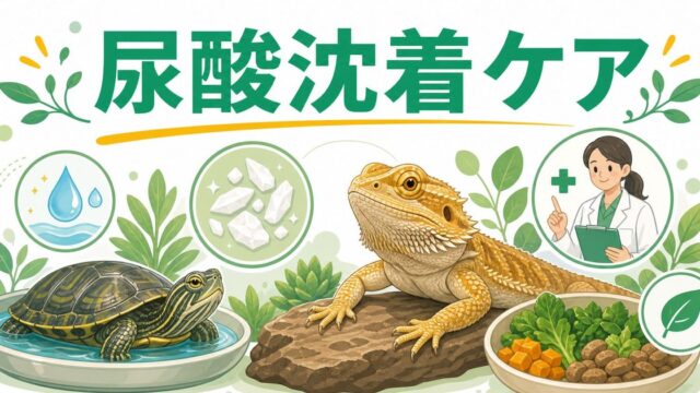 爬虫類の尿酸沈着症完全ガイド！痛風と異なる関節・臓器への尿酸沈着の原因・治療・予防を徹底解説の要点を伝えるカメレオン・爬虫類記事アイキャッチ画像