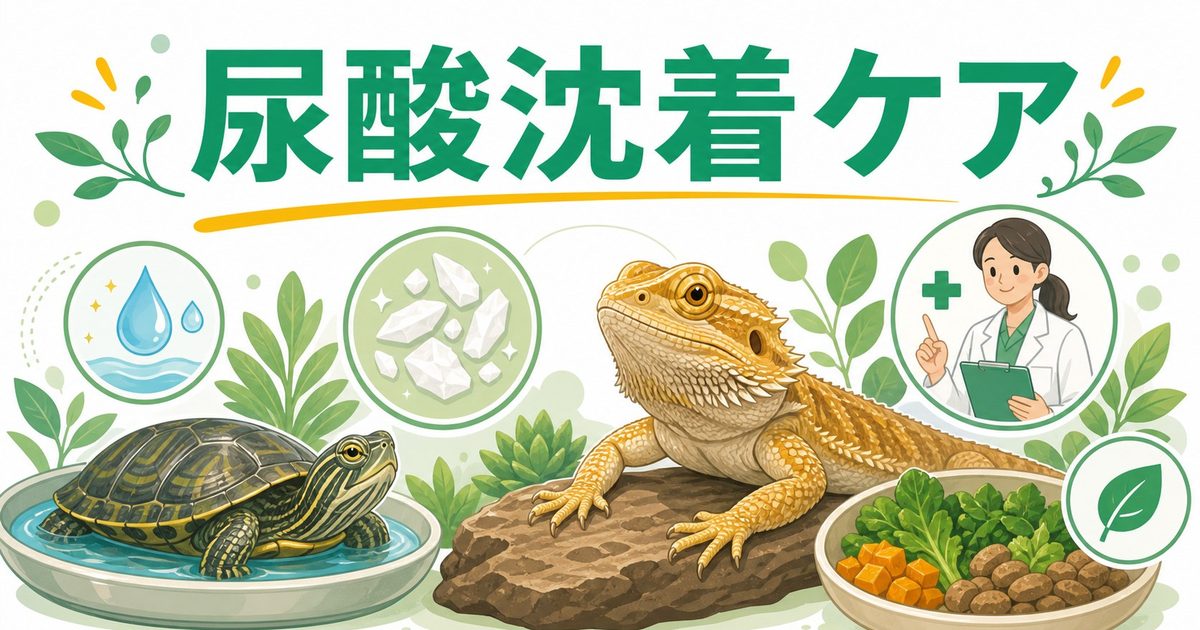 爬虫類の尿酸沈着症完全ガイド！痛風と異なる関節・臓器への尿酸沈着の原因・治療・予防を徹底解説の要点を伝えるカメレオン・爬虫類記事アイキャッチ画像