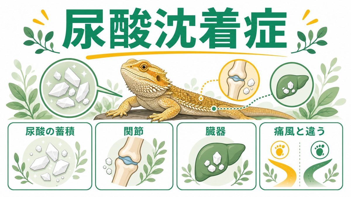 尿酸沈着症とは？基本情報と痛風との違いの要点をまとめたカメレオン・爬虫類飼育インフォグラフィック