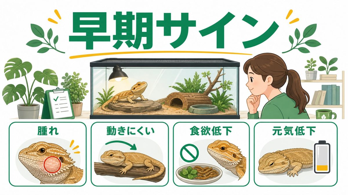 尿酸沈着症の症状—早期発見のサインを見逃さないの要点をまとめたカメレオン・爬虫類飼育インフォグラフィック