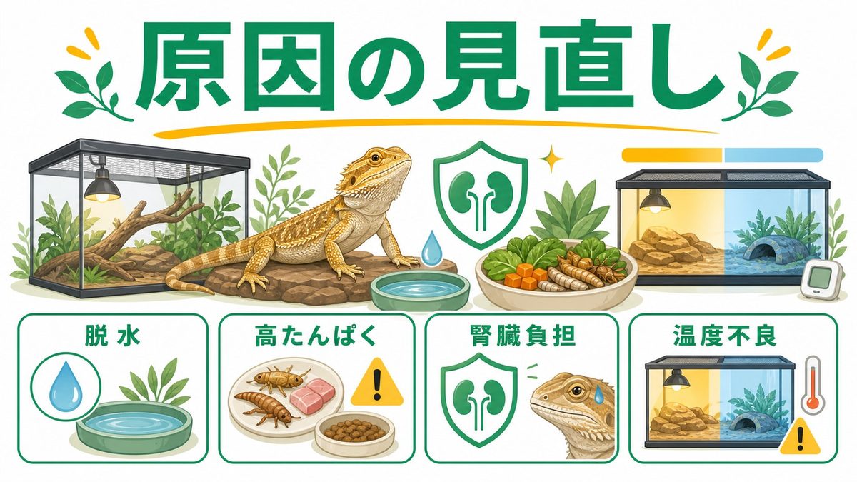 原因—なぜ尿酸が体内に蓄積するのかの要点をまとめたカメレオン・爬虫類飼育インフォグラフィック