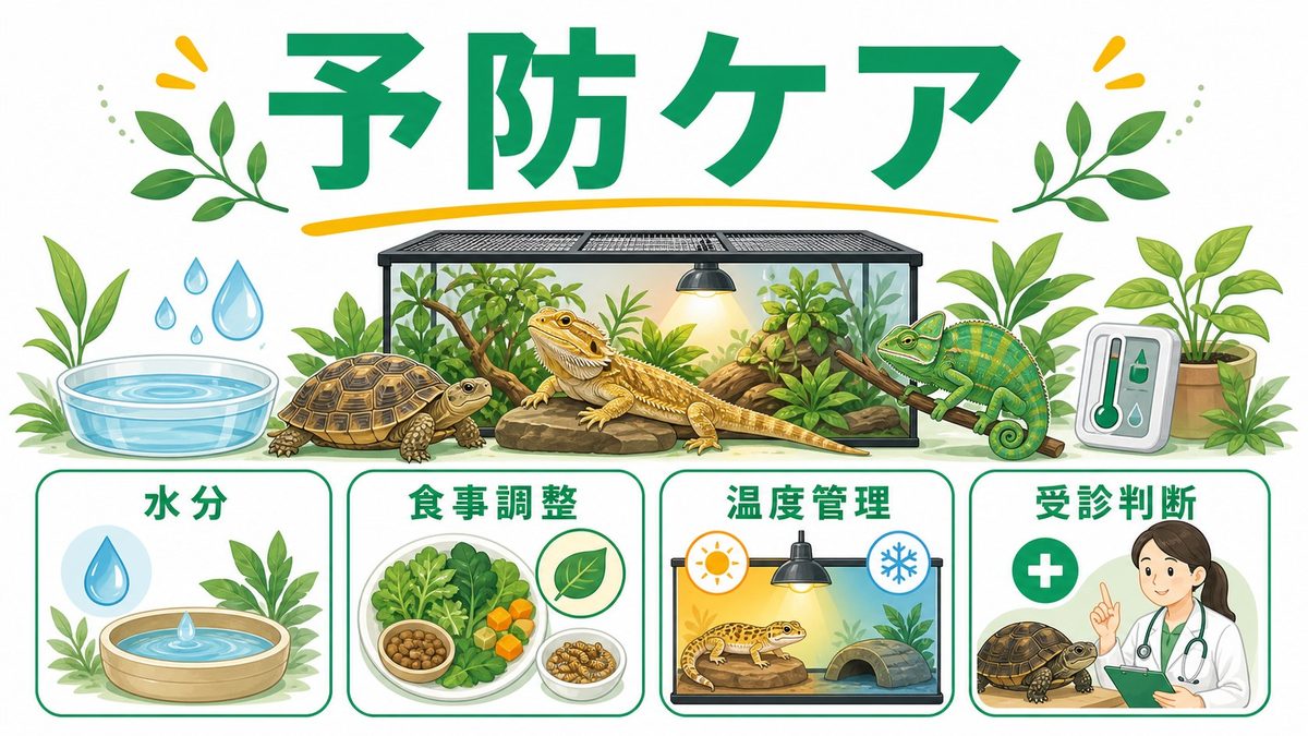 予防—明日からできる5つの徹底ケアの要点をまとめたカメレオン・爬虫類飼育インフォグラフィック
