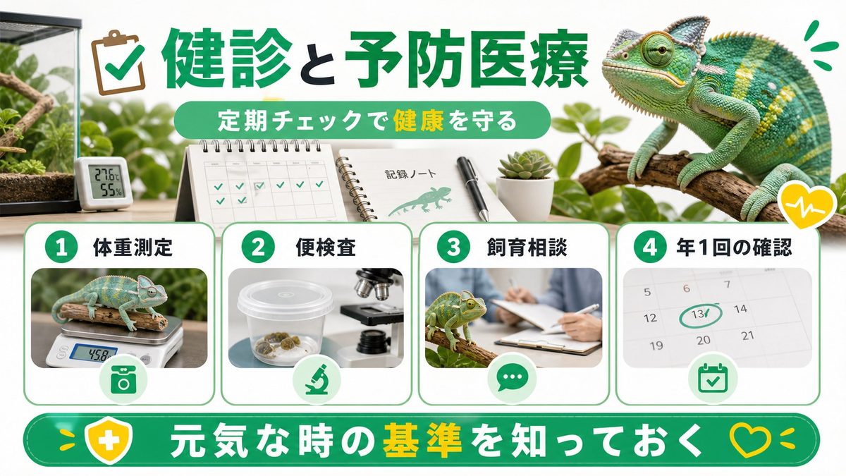 健診・予防医療のすすめの要点をまとめたカメレオン・爬虫類飼育インフォグラフィック