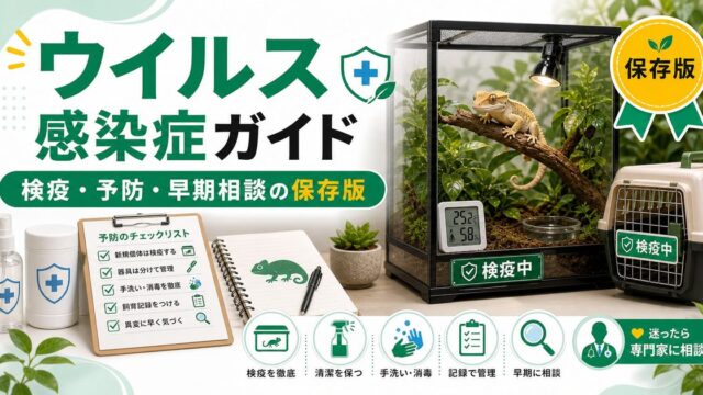 爬虫類のウイルス感染症完全ガイド！IBD・アデノウイルス・ニドウイルスの症状・予防・対処法の要点を伝えるカメレオン・爬虫類記事アイキャッチ画像