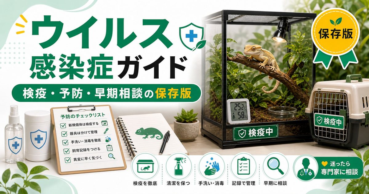 爬虫類のウイルス感染症完全ガイド！IBD・アデノウイルス・ニドウイルスの症状・予防・対処法の要点を伝えるカメレオン・爬虫類記事アイキャッチ画像