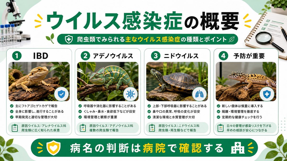 爬虫類のウイルス感染症の種類と概要の要点をまとめたカメレオン・爬虫類飼育インフォグラフィック