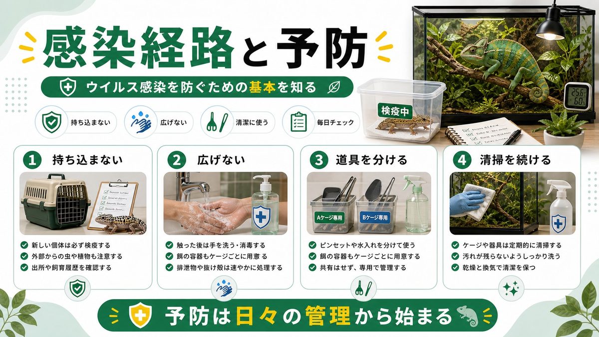 感染経路と予防の基本原則の要点をまとめたカメレオン・爬虫類飼育インフォグラフィック