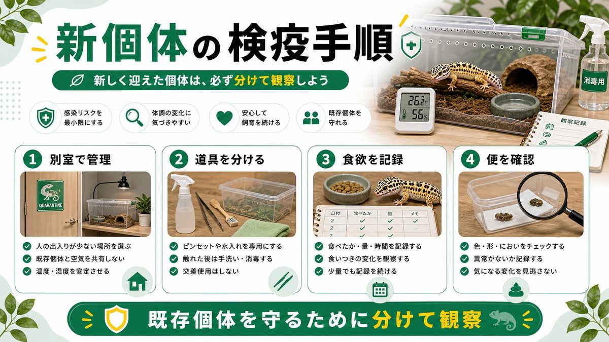 新個体の検疫手順—これが感染症予防の生命線の要点をまとめたカメレオン・爬虫類飼育インフォグラフィック