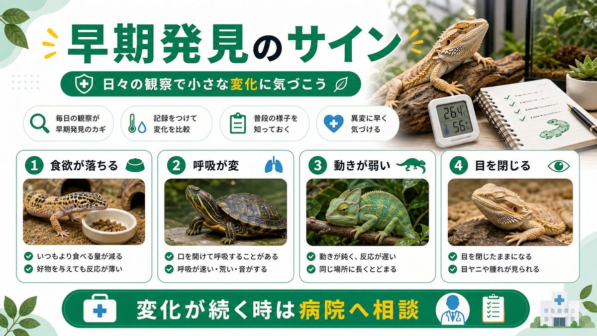早期発見のサイン—「なんか変」を見逃さないためにの要点をまとめたカメレオン・爬虫類飼育インフォグラフィック