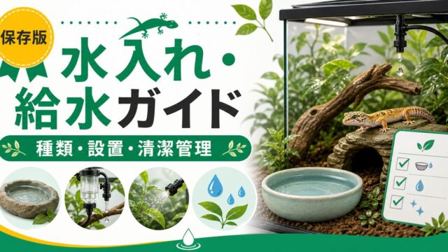 爬虫類用水入れ・ウォーターディッシュ完全ガイド！種類別の選び方・おすすめ商品・設置方法を徹底解説の要点を伝えるカメレオン・爬虫類記事アイキャッチ画像