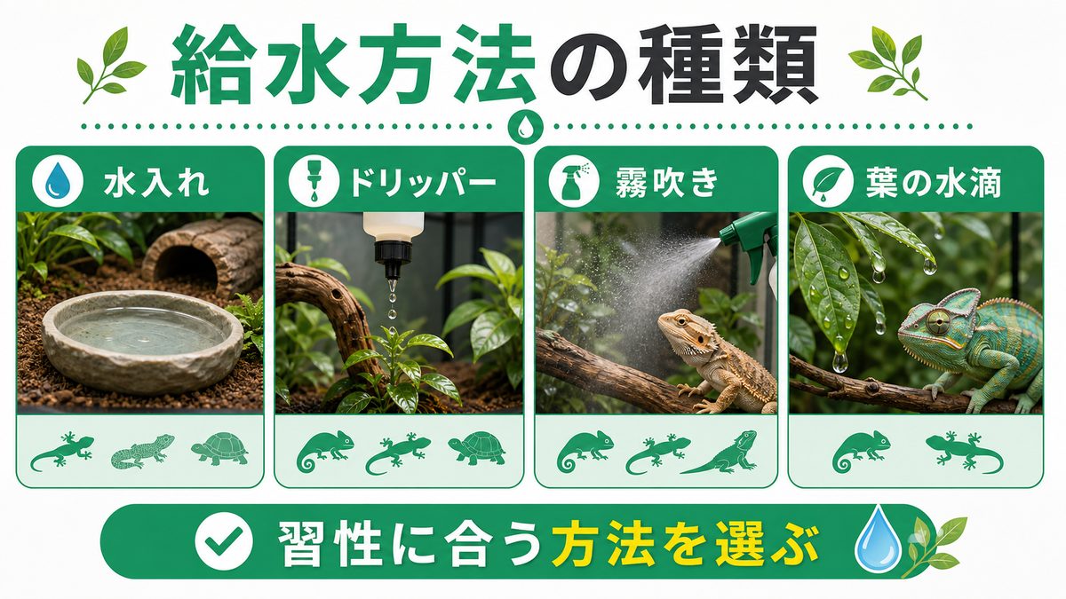 爬虫類の給水方法の種類の要点をまとめたカメレオン・爬虫類飼育インフォグラフィック