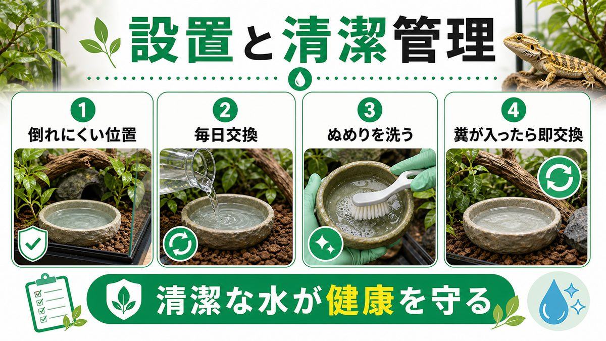 水入れの設置・清潔管理の要点をまとめたカメレオン・爬虫類飼育インフォグラフィック