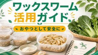 爬虫類のワックスワーム（ハニーワーム）完全ガイド！栄養価・保存方法・与え方・おやつ活用術を徹底解説の要点を伝えるカメレオン・爬虫類記事アイキャッチ画像