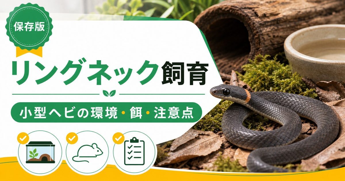 リングネックスネーク（首輪ヘビ）飼育完全ガイド｜北米産小型コルブリッドの特徴・飼い方・注意点の要点を伝えるカメレオン・爬虫類記事アイキャッチ画像