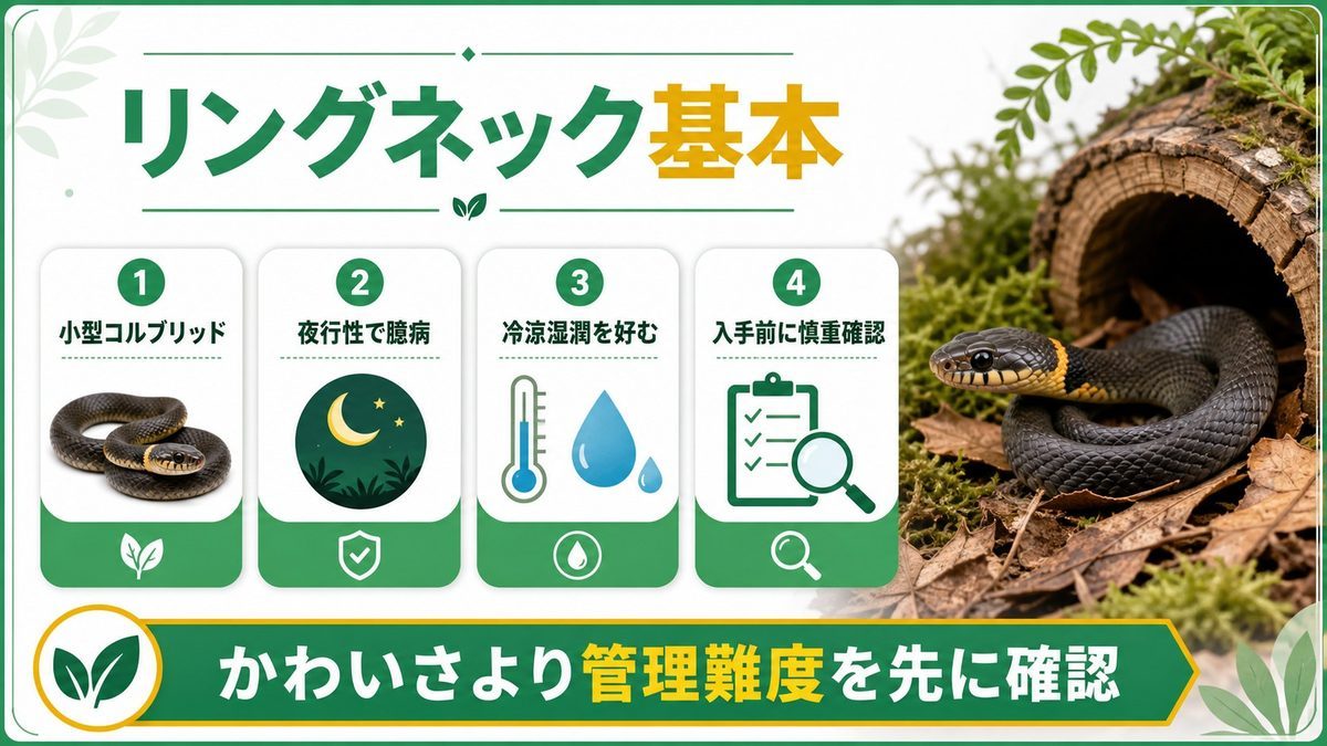リングネックスネークの基本情報の要点をまとめたカメレオン・爬虫類飼育インフォグラフィック