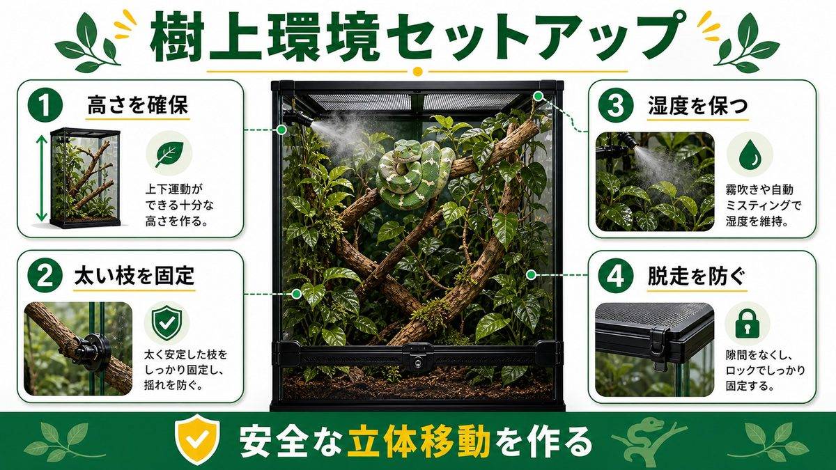 飼育環境のセットアップの要点をまとめたカメレオン・爬虫類飼育インフォグラフィック
