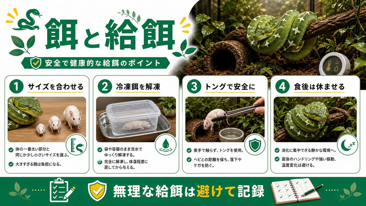 餌と給餌の要点をまとめたカメレオン・爬虫類飼育インフォグラフィック