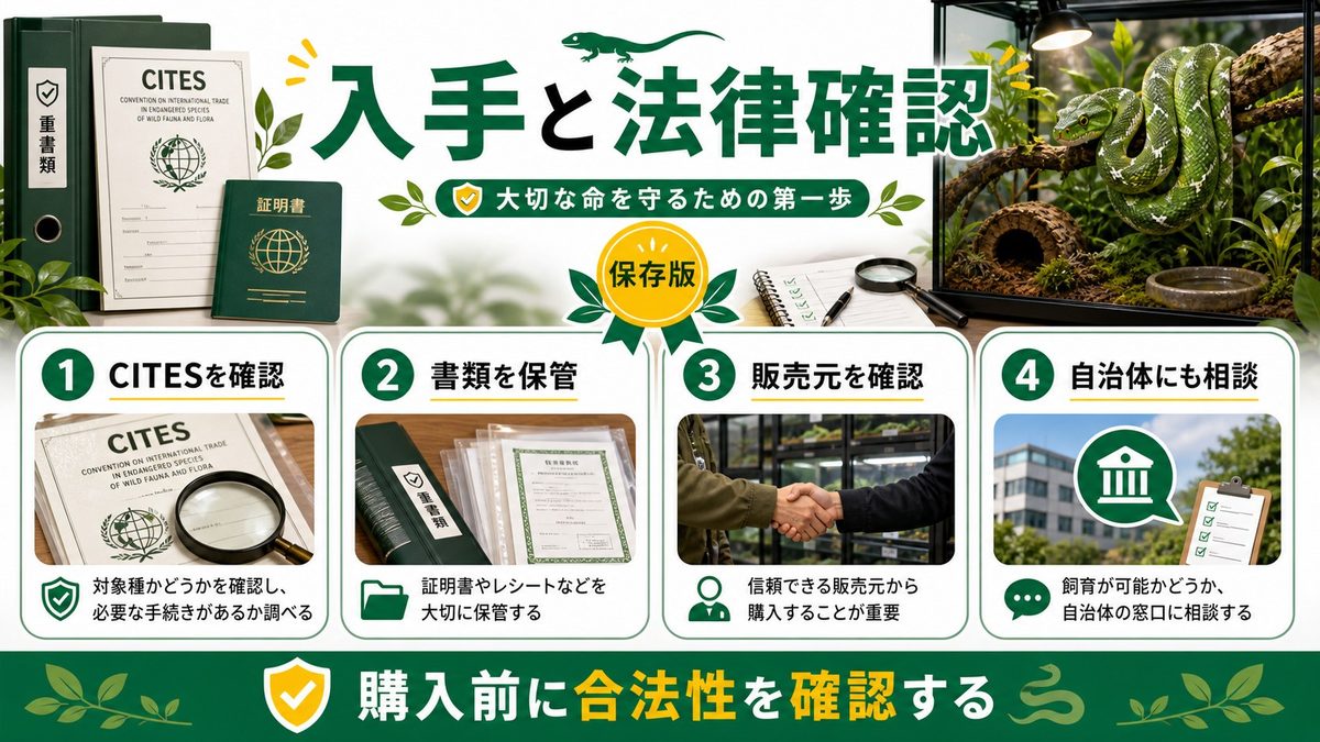 日本での入手と法律(CITES)の要点をまとめたカメレオン・爬虫類飼育インフォグラフィック