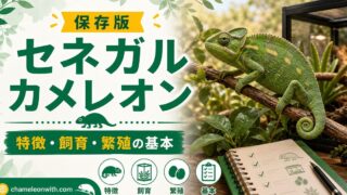 【適した温度は？】セネガルカメレオンの値段や特徴・飼育方法・繁殖について！の要点を伝えるカメレオン・爬虫類記事アイキャッチ画像