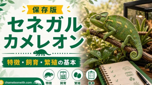 【適した温度は？】セネガルカメレオンの値段や特徴・飼育方法・繁殖について！の要点を伝えるカメレオン・爬虫類記事アイキャッチ画像