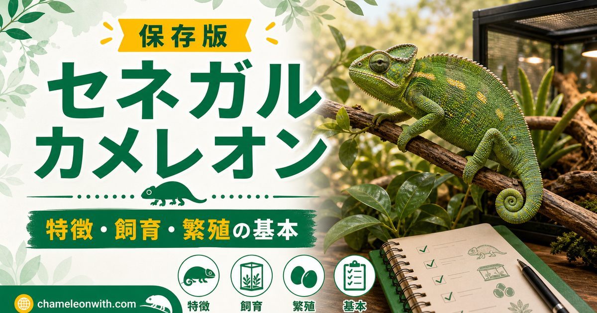 【適した温度は？】セネガルカメレオンの値段や特徴・飼育方法・繁殖について！の要点を伝えるカメレオン・爬虫類記事アイキャッチ画像
