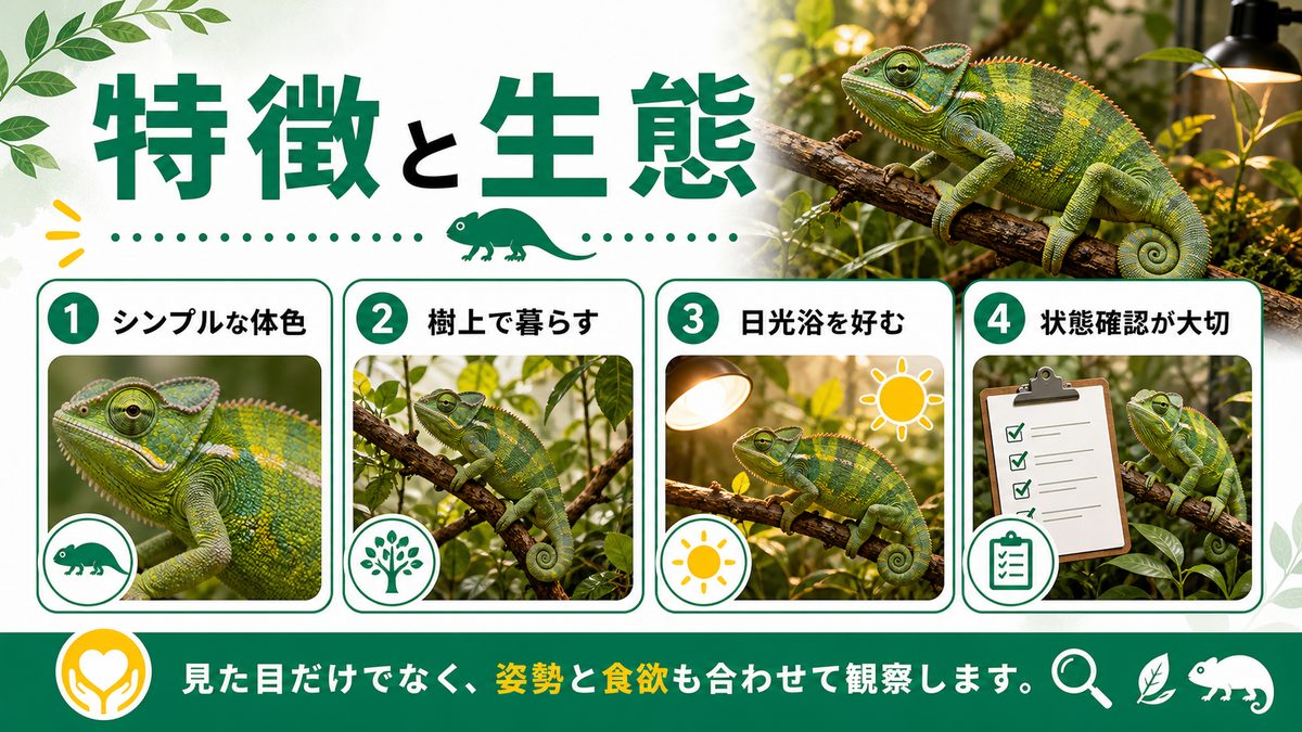 シンプルカメレオン！セネガルカメレオンの特徴や生態について！の要点をまとめたカメレオン・爬虫類飼育インフォグラフィック