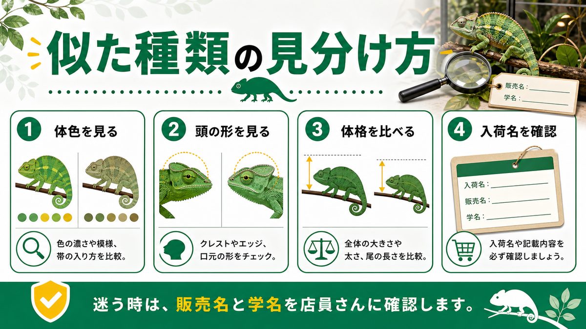 セネガルカメレオンによく似た種類についての要点をまとめたカメレオン・爬虫類飼育インフォグラフィック