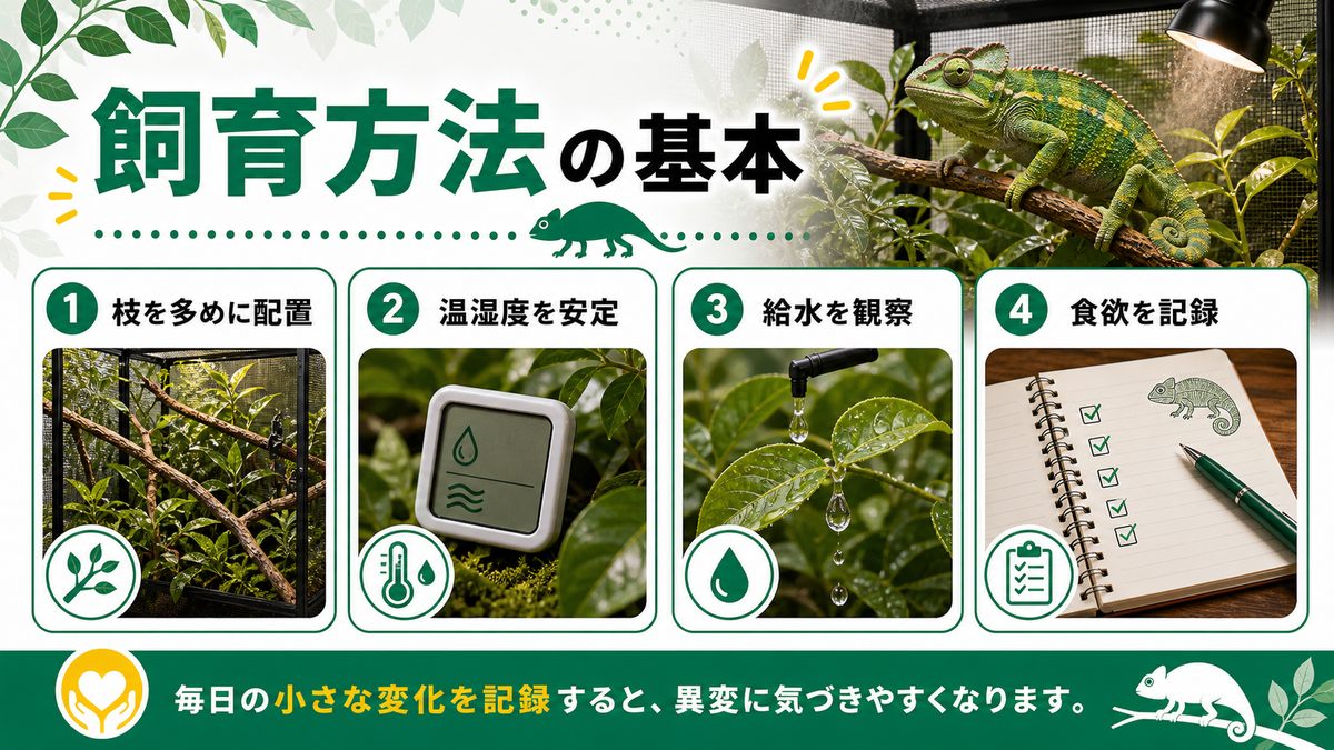 セネガルカメレオンの飼育方法についての要点をまとめたカメレオン・爬虫類飼育インフォグラフィック