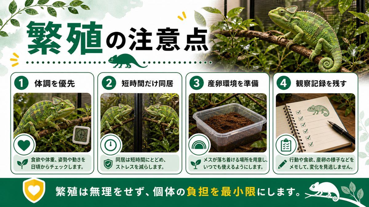 セネガルカメレオンの繁殖についての要点をまとめたカメレオン・爬虫類飼育インフォグラフィック