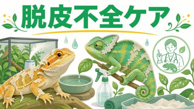 爬虫類の脱皮不全ケアガイド！原因・応急対処・再発予防まで徹底解説の要点を伝えるカメレオン・爬虫類記事アイキャッチ画像