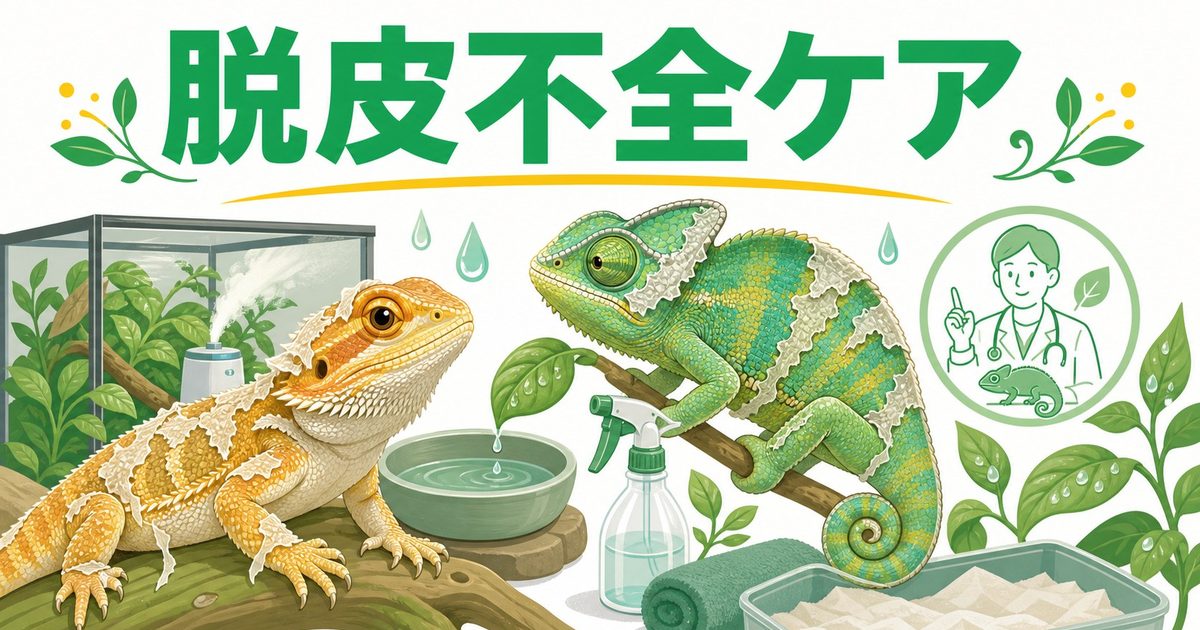 爬虫類の脱皮不全ケアガイド！原因・応急対処・再発予防まで徹底解説の要点を伝えるカメレオン・爬虫類記事アイキャッチ画像