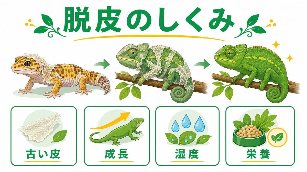 🐍 脱皮のしくみと「脱皮不全」が起きる理由の要点をまとめたカメレオン・爬虫類飼育インフォグラフィック
