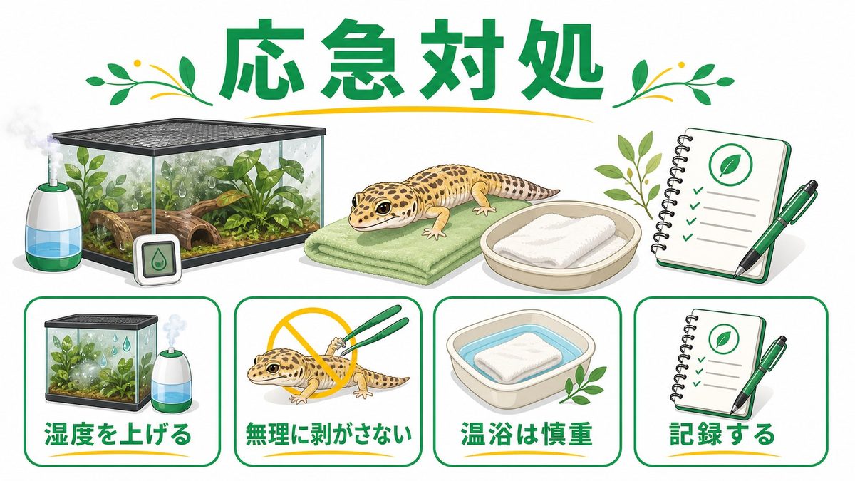💧 自宅でできる応急対処：正しい手順と注意点の要点をまとめたカメレオン・爬虫類飼育インフォグラフィック