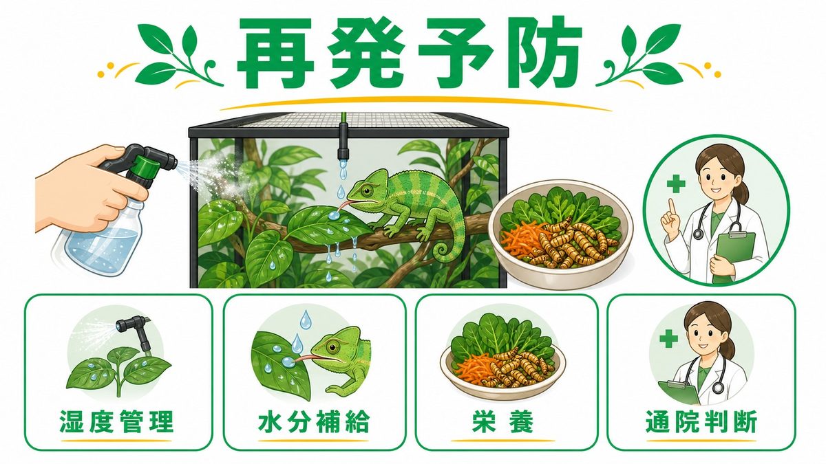 🌱 再発予防：湿度・栄養・環境を整えるの要点をまとめたカメレオン・爬虫類飼育インフォグラフィック