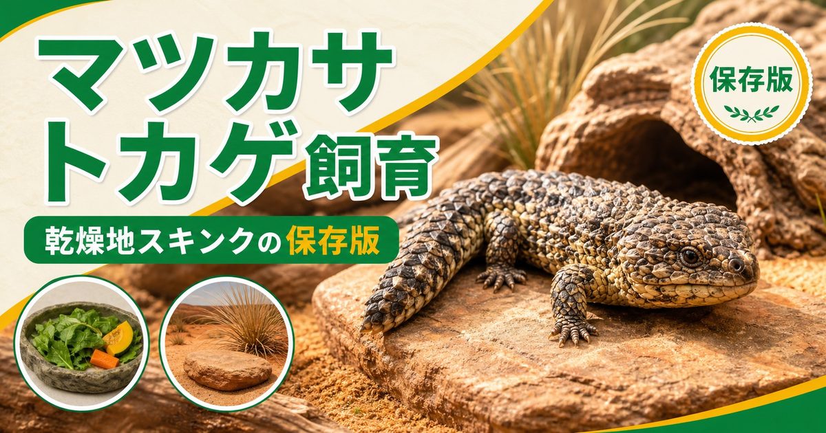 マツカサトカゲ（シングルバックスキンク）飼育完全ガイド｜オーストラリア固有のユニークなスキンクの特徴・飼い方の要点を伝えるカメレオン・爬虫類記事アイキャッチ画像