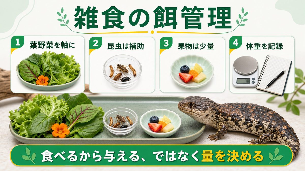 餌と給水の要点をまとめたカメレオン・爬虫類飼育インフォグラフィック