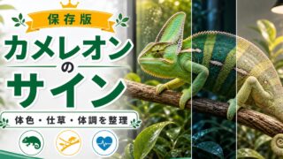 【威嚇？病気？】カメレオンが見せる仕草・体色の変化を18のサインで徹底解説！の要点を伝えるカメレオン・爬虫類記事アイキャッチ画像