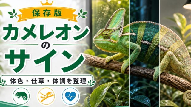 【威嚇？病気？】カメレオンが見せる仕草・体色の変化を18のサインで徹底解説！の要点を伝えるカメレオン・爬虫類記事アイキャッチ画像