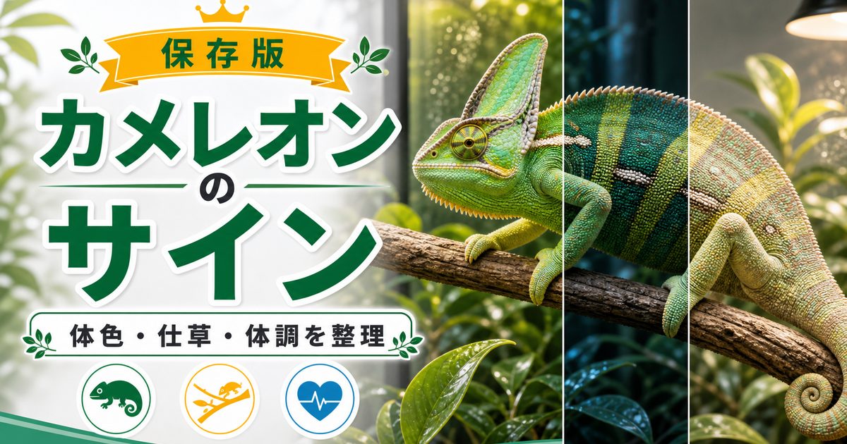 【威嚇？病気？】カメレオンが見せる仕草・体色の変化を18のサインで徹底解説！の要点を伝えるカメレオン・爬虫類記事アイキャッチ画像