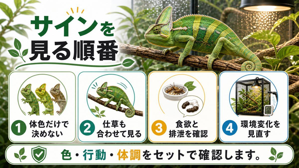カメレオンが見せるサインについての要点をまとめたカメレオン・爬虫類飼育インフォグラフィック