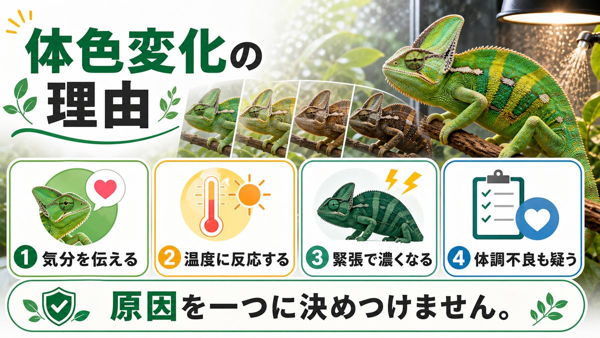 カメレオンはどうして体色を変えるの？の要点をまとめたカメレオン・爬虫類飼育インフォグラフィック