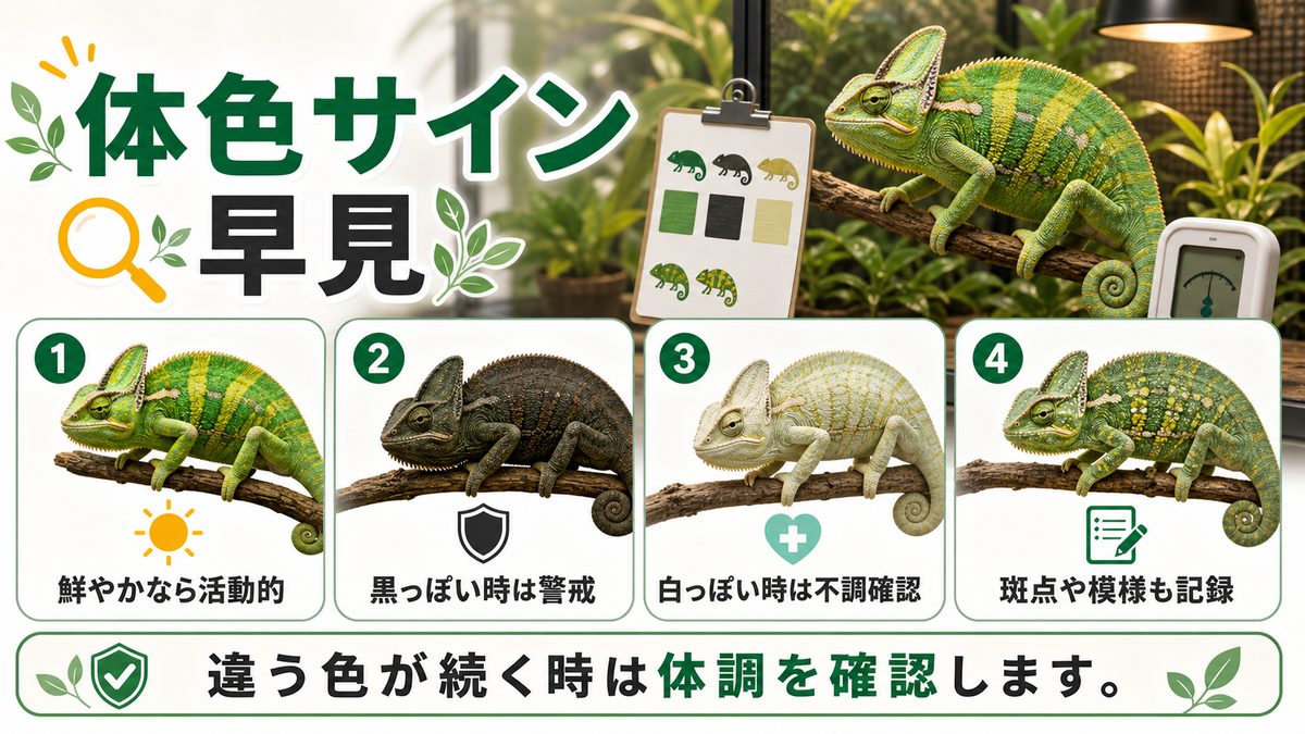 一体何を伝えたい？カメレオンの体色から見る状態の要点をまとめたカメレオン・爬虫類飼育インフォグラフィック