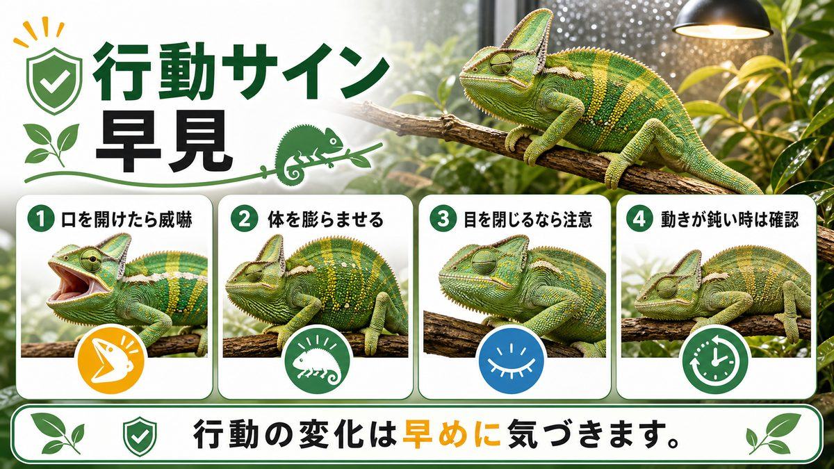 行動で見るカメレオンの状態についての要点をまとめたカメレオン・爬虫類飼育インフォグラフィック