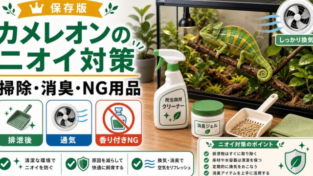 【臭い対策】カメレオン・爬虫類の気になるニオイ！オススメ消臭アイテム5選紹介！の要点を伝えるカメレオン・爬虫類記事アイキャッチ画像