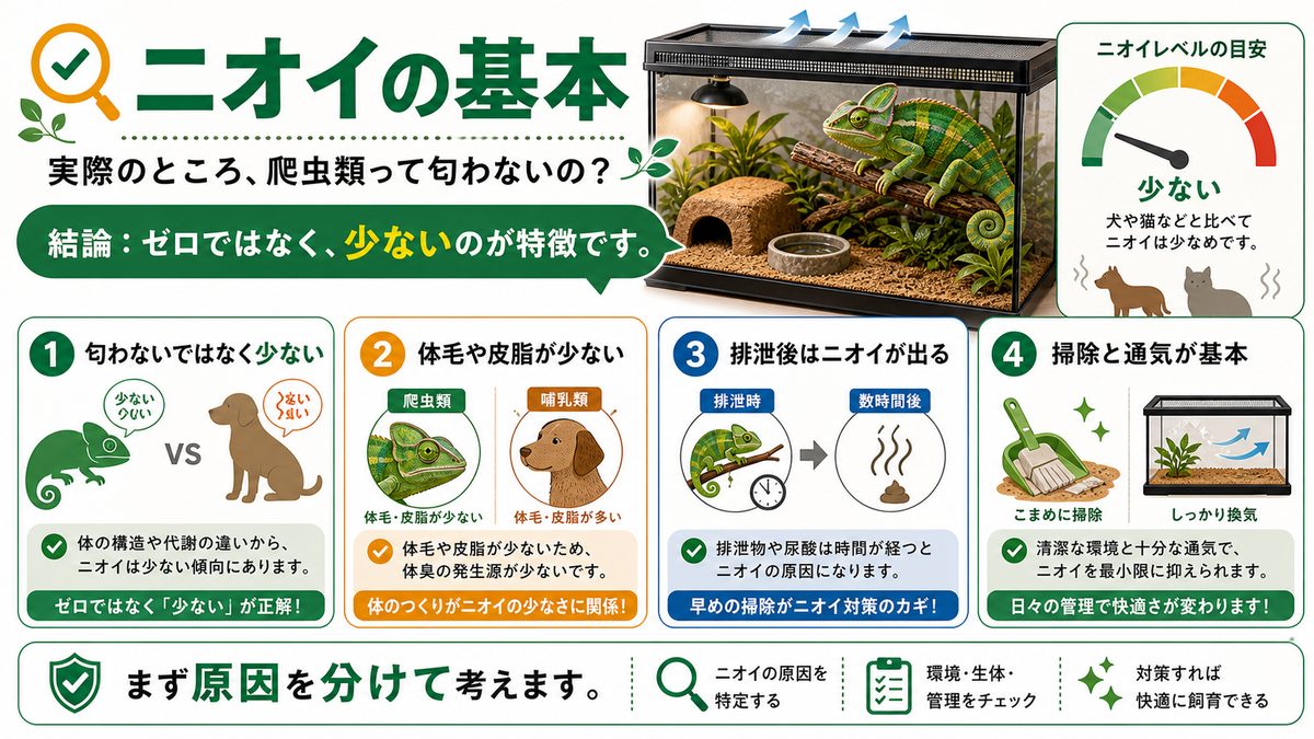 実際のところ、爬虫類って匂わないの？の要点をまとめたカメレオン・爬虫類飼育インフォグラフィック